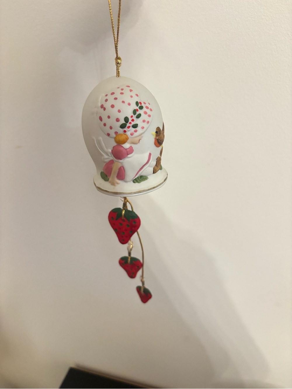 Hand-Painted White Ceramic Strawberry Bell Ornament - Home Art